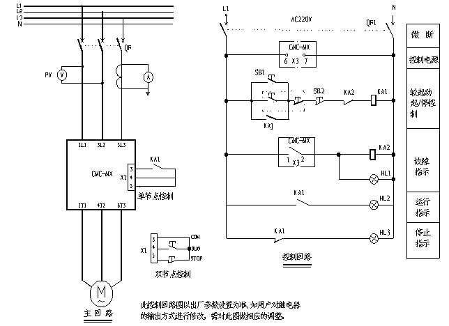 CMC-MX內(nèi)置旁路軟起動(dòng)器基本接線原理圖、三角形內(nèi)接連接圖和典型應(yīng)用接線圖(圖3)